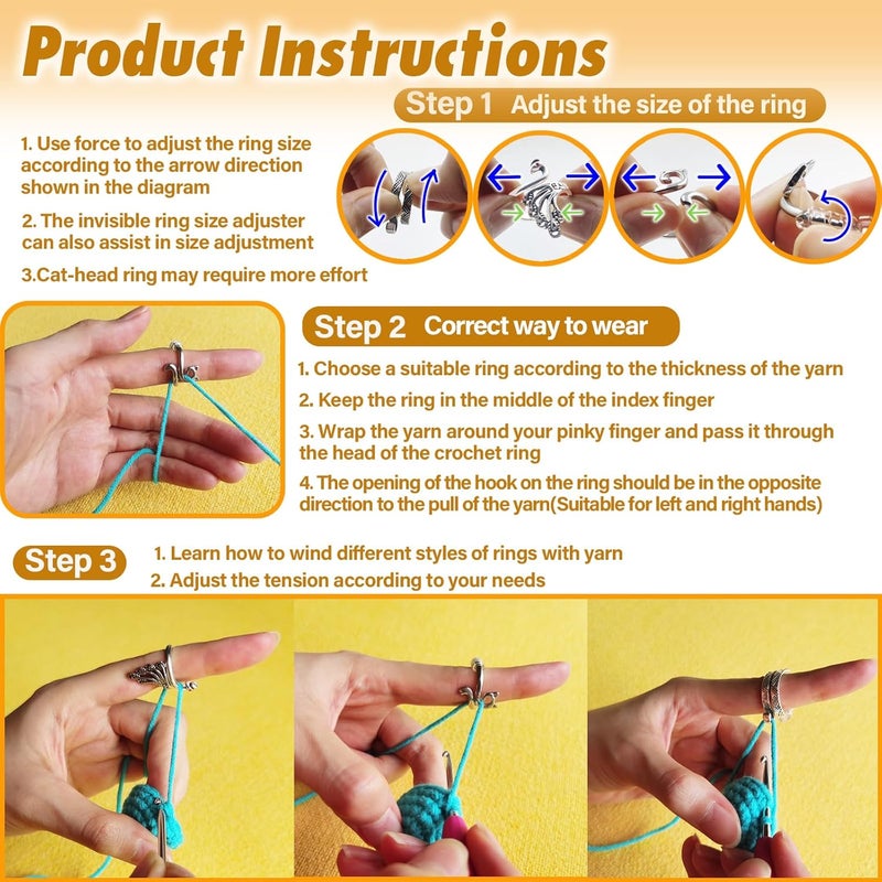 SGIBYN 8 Pack Adjustable Crochet Yarn Tension Ring for Crocheting, Crochet Ring for Finger, Peacock Cat Crochet Knitting Rings for Tension - Image 4